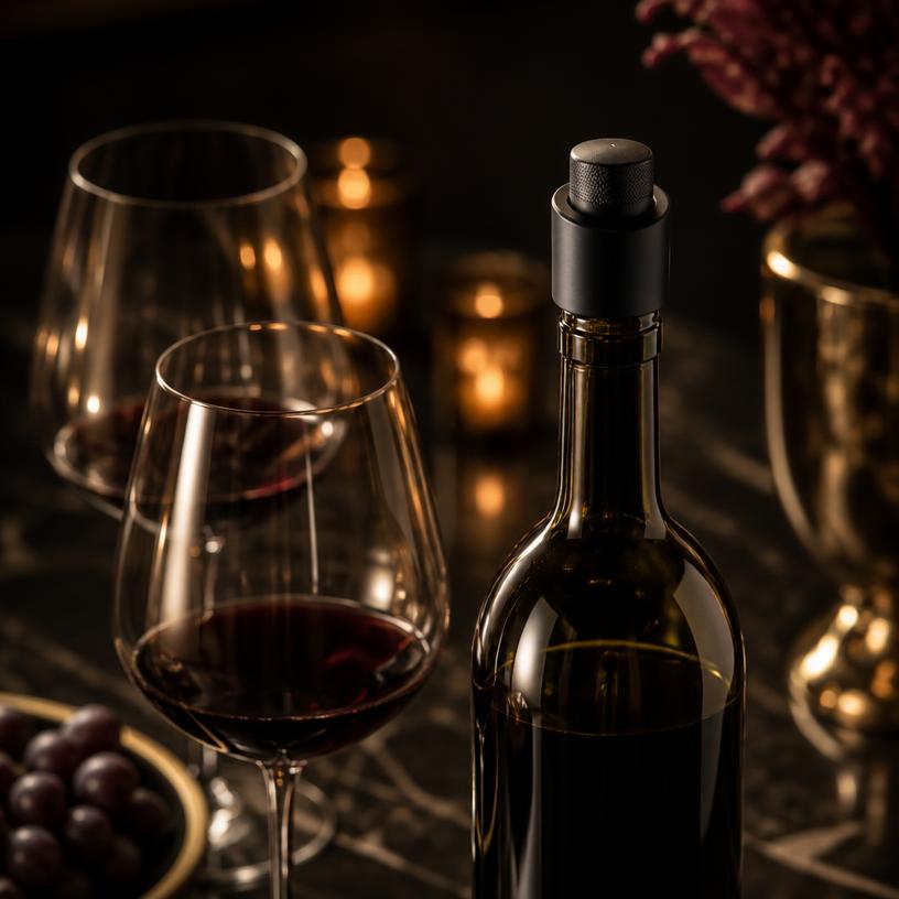 Wine vacuum sealer on a bottle of red wine